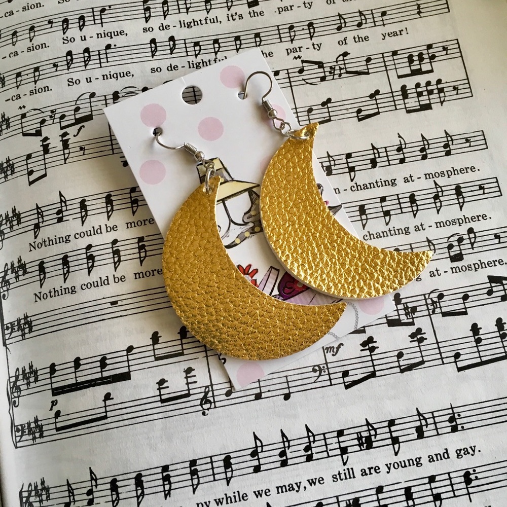 Gold Vegan Leather New Moon Dangle Earrings NWT